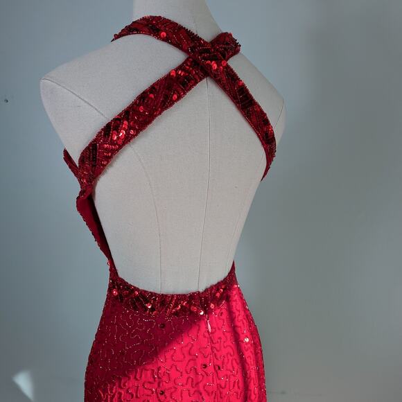 Vintage Cache Prom Dress Maxi Gown Red XS Glam Silk Bead 90s Y2K Pageant Classic - Picture 8 of 16